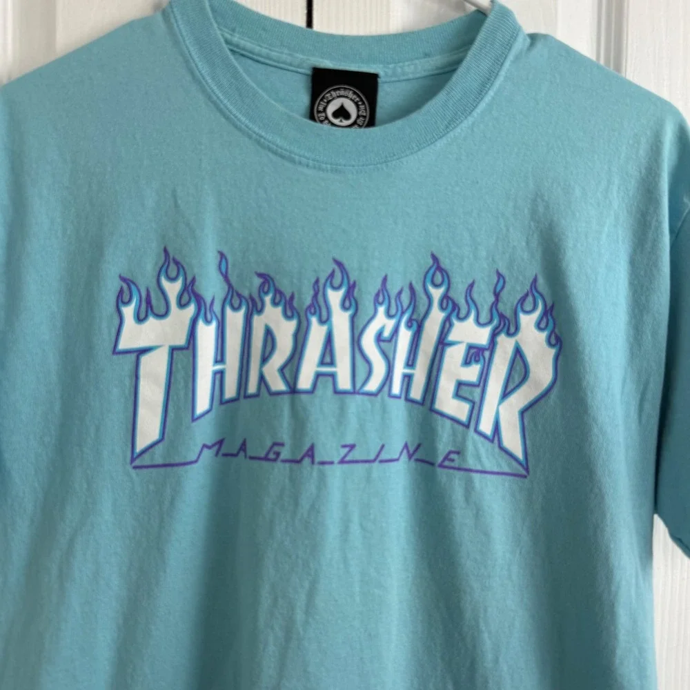 Thrasher Flame Logo T Shirt Medium Blue Skate Streetwear Graphic Tee - Picture 2 of 7